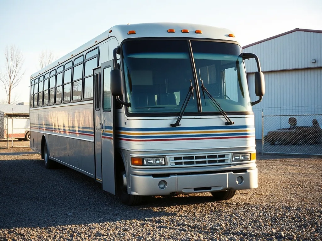 A silver highway motorcoach parked on gravel in a bus yard at first light, passenger door open, maintenance shed behind