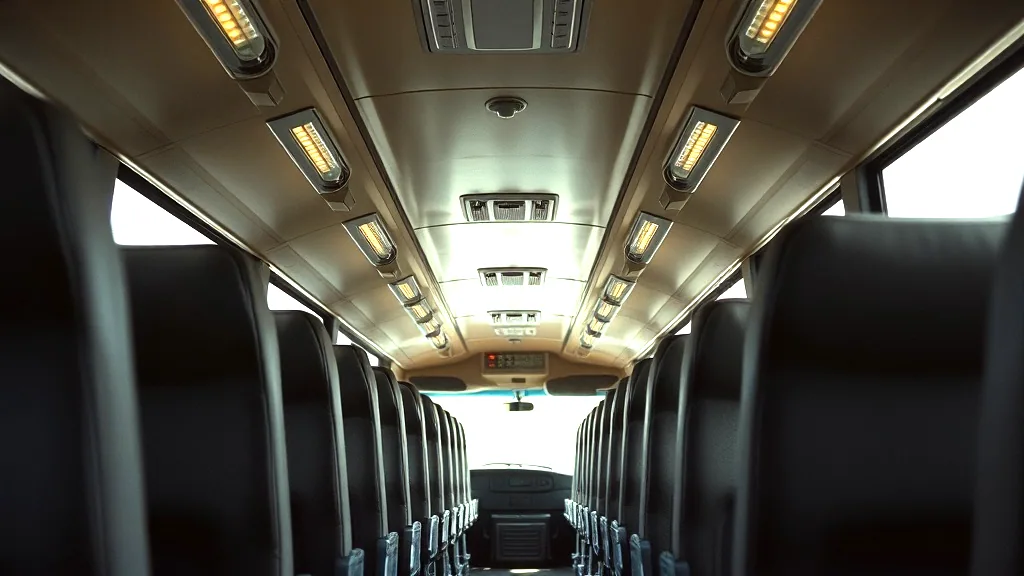 The empty aisle of a highway motorcoach looking to the back, high backed seats, overhead racks and reading lights on