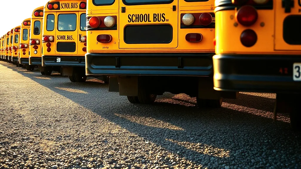 The rear ends of a row of yellow school buses parked on gravel at sunrise, bumpers, lamps and wheels in low light