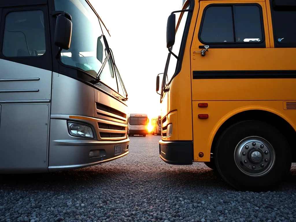 A silver coach and a yellow activity bus parked nose out side by side on gravel at sunrise, shot low so the front ends and wheels fill the frame